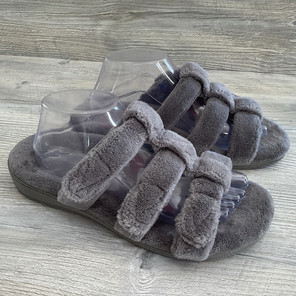 Vionic Snooze Orthaheel Women's Size 9 Gray Adjustable Strap Faux Fur Slipper